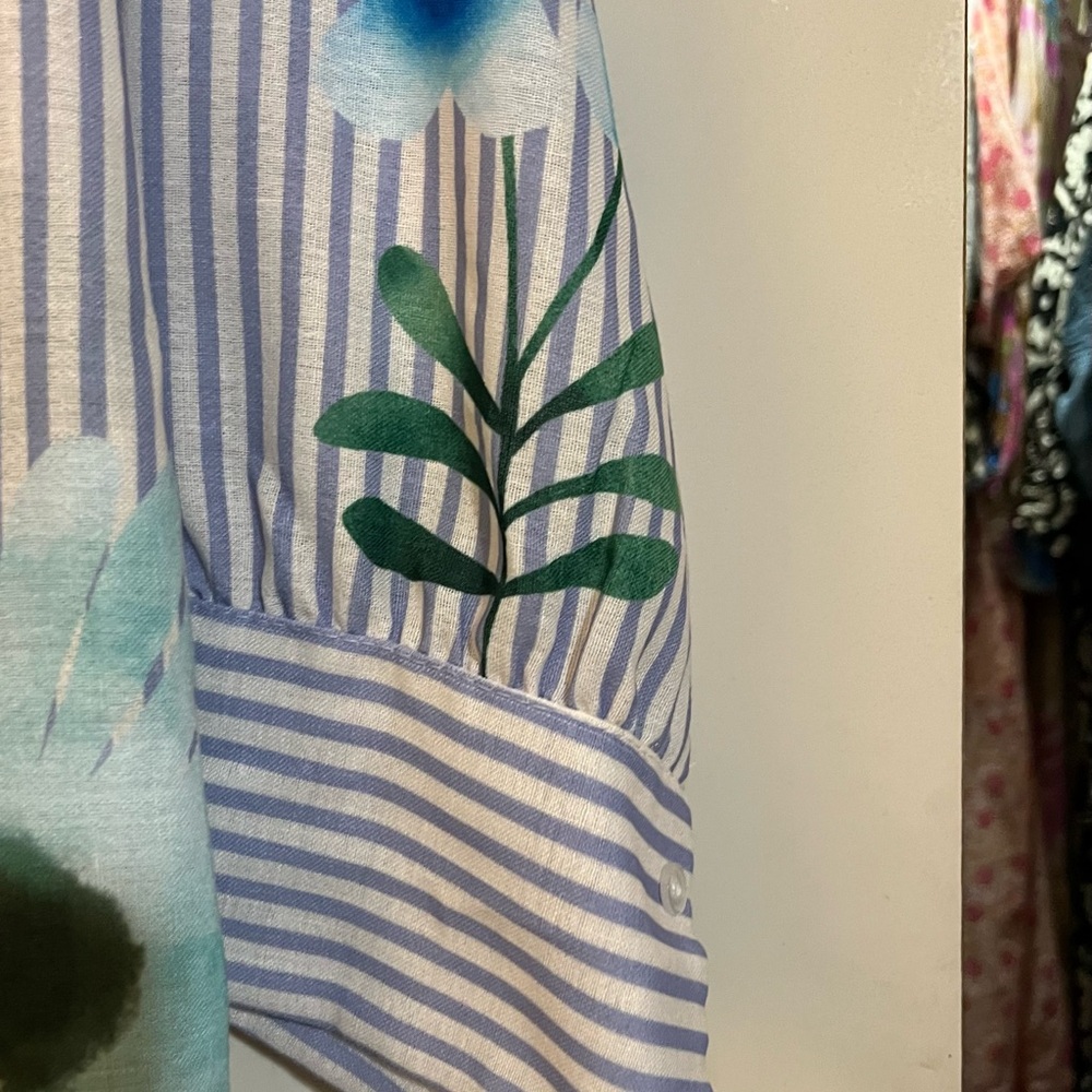 Yolly Striped Floral Button-Up Blouse - Pink & Blue - Picture 12 of 14